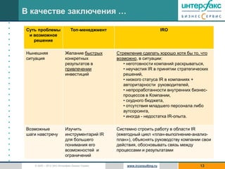 В качестве заключения …
•
•   Суть проблемы                Топ-менеджмент                              IRO
•    и возможное
•      решение
•
•
    Нынешняя                 Желание быстрых       Стремление сделать хорошо хотя бы то, что
•
    ситуация                 конкретных            возможно, в ситуации:
•
                             результатов в            • неготовности компаний раскрываться,
•                            привлечении              • неучастия IR в принятии стратегических
•                            инвестиций               решений,
•                                                     • низкого статуса IR в компаниях +
•                                                     авторитарности руководителей,
•                                                     • непроработанности внутренних бизнес-
•                                                     процессов в Компании,
•                                                     • скудного бюджета,
•                                                     • отсутствия младшего персонала либо
•                                                     аутсорсинга,
•                                                     • иногда - недостатка IR-опыта.
•
•   Возможные                Изучить               Системно строить работу в области IR
•   шаги навстречу           инструментарий IR     (ежегодный цикл «план-выполнение-анализ-
•                            для большего          план»), объяснять руководству компании свои
•                            понимания его         действия, обосновывать связь между
•                            возможностей и        процессами и результатами
•                            ограничений
•
       © 2005 – 2012 ЗАО Интерфакс Бизнес Сервис       www.irconsulting.ru                13
 