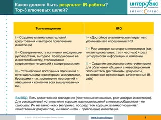 Каков должен быть результат IR-работы?
    Top-3 ключевых целей?
•
•
•
•                    Топ-менеджмент                                            IRO
•
•
    I – Создание оптимальных условий                  I – «Достойное аналитическое покрытие»:
•
    кредитования и выгодное привлечение               упоминали все опрошенные IRO
•   инвестиций
•                                                     II – Рост доверия со стороны инвесторов (как
•   II – Своевременность получения информации         институциональных, так и частных) + рост
•   руководством, выгодное преподнесение её           цитируемости информации о компании
•   инвестсообществу; отслеживание
•   современных тенденций в сфере раскрытия           III – Создание специального инструментария
•                                                     для облегчения общения с инвестиционным
•   III – Установление постоянных отношений с         сообществом (регламенты, документы,
•   потенциальными инвесторами, аналитиками,          качественная презентация, качественный IR-
•   брокерами и т.п., мониторинг настроений и         сайт)
•   отношения к компании всех вышеуказанных
•   лиц
•
•
•   ВЫВОД: Есть единственное совпадение (постоянные отношения, рост доверия инвесторов).
•   Для руководителей установление хороших взаимоотношений с инвестсообществом – не
•   самоцель. Им не важно «как» (например, посредством хороших взаимоотношений /
•   качественных документов), им важно «что» - привлечение инвестиций.
•
          © 2005 – 2012 ЗАО Интерфакс Бизнес Сервис      www.irconsulting.ru                 4
 