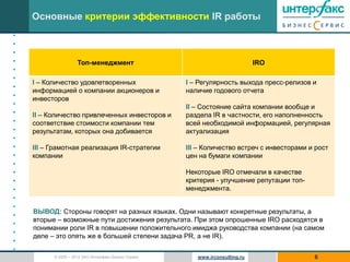Основные критерии эффективности IR работы
•
•
•
•                    Топ-менеджмент                                            IRO
•
•
    I – Количество удовлетворенных                    I – Регулярность выхода пресс-релизов и
•
    информацией о компании акционеров и               наличие годового отчета
•   инвесторов
•                                                     II – Состояние сайта компании вообще и
•   II – Количество привлеченных инвесторов и         раздела IR в частности, его наполненность
•   соответствие стоимости компании тем               всей необходимой информацией, регулярная
•   результатам, которых она добивается               актуализация
•
•   III – Грамотная реализация IR-стратегии           III – Количество встреч с инвесторами и рост
•   компании                                          цен на бумаги компании
•
•                                                     Некоторые IRO отмечали в качестве
•                                                     критерия - улучшение репутации топ-
•                                                     менеджмента.
•
•
    ВЫВОД: Стороны говорят на разных языках. Одни называют конкретные результаты, а
•
    вторые – возможные пути достижения результата. При этом опрошенные IRO расходятся в
•
    понимании роли IR в повышении положительного имиджа руководства компании (на самом
•
    деле – это опять же в большей степени задача PR, а не IR).
•
•
          © 2005 – 2012 ЗАО Интерфакс Бизнес Сервис      www.irconsulting.ru                 6
 