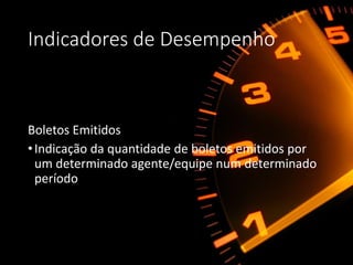Indicadores de Desempenho
Boletos Emitidos
•Indicação da quantidade de boletos emitidos por
um determinado agente/equipe num determinado
período
 