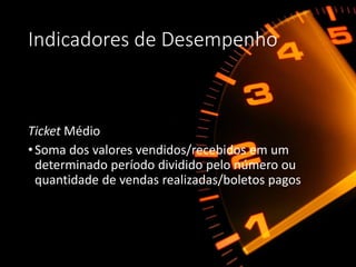 Indicadores de Desempenho
Ticket Médio
•Soma dos valores vendidos/recebidos em um
determinado período dividido pelo número ou
quantidade de vendas realizadas/boletos pagos
 