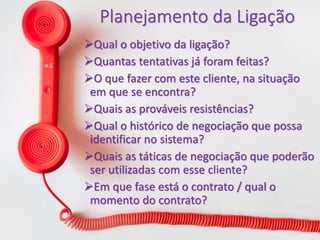 Planejamento da Ligação
Qual o objetivo da ligação?
Quantas tentativas já foram feitas?
O que fazer com este cliente, na situação
em que se encontra?
Quais as prováveis resistências?
Qual o histórico de negociação que possa
identificar no sistema?
Quais as táticas de negociação que poderão
ser utilizadas com esse cliente?
Em que fase está o contrato / qual o
momento do contrato?
 