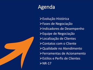 Agenda
Evolução Histórica
Fases de Negociação
Indicadores de Desempenho
Equipe de Negociação
Localização de Clientes
Contatos com o Cliente
Qualidade no Atendimento
Ferramentas de Acionamento
Estilos e Perfis de Clientes
NR-17
 