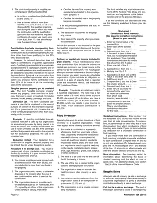 5. The contributed property is tangible per-             a. Certifies its use of the property was            7. The food satisfies any applicable require-
    sonal property (defined earlier) that:                   substantial and related to the organiza-            ments of the Federal Food, Drug, and Cos-
                                                             tion’s purpose, or                                  metic Act and regulations on the date of
    a. Is put to an unrelated use (defined later)                                                                transfer and for the previous 180 days.
       by the charity, or                                 b. Certifies its intended use of the property
                                                             became impossible.                                 If all the conditions just described are met,
    b. Has a claimed value of more than                                                                      use the following worksheet to figure your de-
       $5,000 and is sold, traded, or otherwise                                                              duction.
                                                         If all the preceding statements are true, in-
       disposed of by the qualified organiza-
                                                      clude in your income:
       tion during the year in which you made
       the contribution, and the qualified or-                                                                               Worksheet 1.
                                                       1. The deduction you claimed for the prop-                    Donations of Food Inventory
       ganization has not made the required               erty, minus                                            (See separate worksheet instructions)
       certification of exempt use (such as on
                                                       2. Your basis in the property when you made                      (Keep for your records)
       Form 8282, Part IV). See also Recap-
       ture if no exempt use, later.                      the contribution.                                   1. Enter fair market value of the
                                                                                                                 donated food . . . . . . . . . . . .
                                                      Include this amount in your income for the year
                                                                                                              2. Enter basis of the donated
Contributions to private nonoperating foun-           the qualified organization disposes of the prop-           food . . . . . . . . . . . . . . . . . .
dations. The reduced deduction applies to             erty. Report the recaptured amount on Form              3. Subtract line 2 from line 1.
contributions to all private nonoperating founda-     1040, line 21.                                             If the result is zero or less, stop
tions other than those qualifying for the 50%                                                                    here. Do not complete the rest of
limit, discussed later.                                                                                          this worksheet. Your charitable
                                                      Ordinary or capital gain income included in
    However, the reduced deduction does not                                                                      contribution deduction for food is
apply to contributions of qualified appreciated       gross income. You do not reduce your chari-
                                                                                                                 the amount on line 1 above . . .
stock. Qualified appreciated stock is any stock in    table contribution if you include the ordinary or       4. Enter one-half of line 3 . . . . . .
a corporation that is capital gain property and for   capital gain income in your gross income in the
                                                      same year as the contribution. This may happen          5. Subtract line 4 from line 1 . . . .
which market quotations are readily available on                                                              6. Multiply line 2 by 2.0 . . . . . . . .
an established securities market on the day of        when you transfer installment or discount obliga-
the contribution. But stock in a corporation does     tions or when you assign income to a charitable         7. Subtract line 6 from line 5. If the
not count as qualified appreciated stock to the       organization. If you contribute an obligation re-          result is less than zero, enter -0-
extent you and your family contributed more           ceived in a sale of property that is reported           8. Add lines 4 and 7 . . . . . . . . . .
than 10% of the value of all the outstanding                                                                  9. Compare line 3 and line 8. Enter
                                                      under the installment method, see Publication
stock in the corporation.                                                                                        the smaller amount. . . . . . . . .
                                                      537, Installment Sales.                                10. Subtract line 9 from line 1 . . . .
Tangible personal property put to unrelated                                                                  11. Enter 10% of your total net
use. The term “tangible personal property”              Example. You donate an installment note to               income for the year from
means any property, other than land or build-         a qualified organization. The note has a fair              all trades or businesses
ings, that can be seen or touched. It includes        market value of $10,000 and a basis to you of              from which food
furniture, books, jewelry, paintings, and cars.       $7,000. As a result of the donation, you have a            inventory was donated . . . . . .
                                                      short-term capital gain of $3,000 ($10,000 −           12. Compare line 10 and line 11.
   Unrelated use. The term “unrelated use”
                                                      $7,000), which you include in your income for              Enter the smaller amount.
means a use that is unrelated to the exempt
                                                      the year. Your charitable contribution is                  This is your charitable
purpose or function of the charitable organiza-
tion. For a governmental unit, it means the use       $10,000.                                                   contribution deduction
of the contributed property for other than exclu-                                                                for the food . . . . . . . . . . . . . .
sively public purposes.
                                                      Food Inventory                                         Worksheet instructions. Enter on line 11 of
   Example. If a painting contributed to an ed-                                                              the worksheet 10% of your net income for the
                                                      Special rules apply to certain donations of food       year from all sole proprietorships, S corpora-
ucational institution is used by that organization
                                                      inventory to a qualified organization. These           tions, or partnerships (or other entity that is not a
for educational purposes by being placed in its
                                                      rules apply if all the following conditions are met.   C corporation) from which contributions of food
library for display and study by art students, the
use is not an unrelated use. But if the painting is                                                          inventory were made. Figure net income before
                                                       1. You made a contribution of apparently
sold and the proceeds are used by the organiza-                                                              any deduction for a charitable contribution of
                                                          wholesome food from your trade or busi-
tion for educational purposes, the use is an                                                                 food inventory.
                                                          ness. Apparently wholesome food is food                If you made more than one contribution of
unrelated use.
                                                          intended for human consumption that                food inventory, complete a separate worksheet
  Deduction limited. Your deduction for a                 meets all quality and labeling standards           for each contribution. Complete lines 11 and 12
contribution of tangible personal property may            imposed by federal, state, and local laws          on only one worksheet. On that worksheet, com-
be limited. See (5) under Exceptions, earlier.            and regulations even though the food may           plete line 11. Then compare line 11 and the total
Recapture if no exempt use. You must re-                  not be readily marketable due to appear-           of the line 10 amounts on all worksheets and
capture part of your charitable contribution de-          ance, age, freshness, grade, size, surplus,        enter the smaller of those amounts on line 12.
duction by including it in your income if all the         or other conditions.
                                                                                                             More information. See Inventory, earlier, for
following statements are true.                         2. The food is to be used only for the care of        information about determining the basis of
 1. You donate tangible personal property with            the ill, the needy, or infants.                    donated inventory and the effect on cost of
    a claimed value of more than $5,000, and                                                                 goods sold. For additional details, see section
                                                       3. The use of the food is related to the organ-
    your deduction is more than your basis in                                                                170(e)(3) of the Internal Revenue Code.
                                                          ization’s exempt purpose or function.
    the property.
                                                       4. The organization does not transfer the
 2. The organization sells, trades, or otherwise          food for money, other property, or serv-           Bargain Sales
    disposes of the property after the year it            ices.
    was contributed but within 3 years of the                                                                A bargain sale of property (a sale or exchange
    contribution.                                      5. You receive a written statement from the           for less than the property’s fair market value) to
                                                          organization stating it will comply with re-       a qualified organization is partly a charitable
 3. The organization does not provide a writ-                                                                contribution and partly a sale or exchange.
                                                          quirements (2), (3), and (4).
    ten statement (such as on Form 8282, Part
    IV), signed by an officer of the organization      6. The organization is not a private nonoper-         Part that is a sale or exchange. The part of
    under penalty of perjury, that either:                ating foundation.                                  the bargain sale that is a sale or exchange may

Page 12                                                                                                                                 Publication 526 (2010)
 