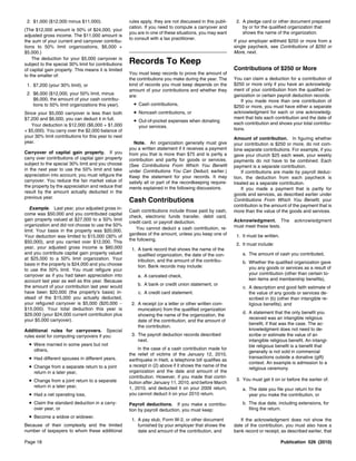 2. $1,000 ($12,000 minus $11,000).                  rules apply, they are not discussed in this publi-    2. A pledge card or other document prepared
                                                     cation. If you need to compute a carryover and           by or for the qualified organization that
(The $12,000 amount is 50% of $24,000, your
                                                     you are in one of these situations, you may want         shows the name of the organization.
adjusted gross income. The $11,000 amount is
                                                     to consult with a tax practitioner.
the sum of your current and carryover contribu-                                                           If your employer withheld $250 or more from a
tions to 50% limit organizations, $6,000 +                                                                single paycheck, see Contributions of $250 or
$5,000.)                                                                                                  More, next.
    The deduction for your $5,000 carryover is
subject to the special 30% limit for contributions   Records To Keep
of capital gain property. This means it is limited                                                        Contributions of $250 or More
to the smaller of:                                   You must keep records to prove the amount of
                                                     the contributions you make during the year. The      You can claim a deduction for a contribution of
 1. $7,200 (your 30% limit), or                      kind of records you must keep depends on the         $250 or more only if you have an acknowledg-
                                                     amount of your contributions and whether they        ment of your contribution from the qualified or-
 2. $6,000 ($12,000, your 50% limit, minus           are:                                                 ganization or certain payroll deduction records.
    $6,000, the amount of your cash contribu-                                                                 If you made more than one contribution of
    tions to 50% limit organizations this year).       • Cash contributions,                              $250 or more, you must have either a separate
Since your $5,000 carryover is less than both          • Noncash contributions, or                        acknowledgment for each or one acknowledg-
$7,200 and $6,000, you can deduct it in full.                                                             ment that lists each contribution and the date of
                                                       • Out-of-pocket expenses when donating             each contribution and shows your total contribu-
   Your deduction is $12,000 ($6,000 + $1,000            your services.
+ $5,000). You carry over the $2,000 balance of                                                           tions.
your 30% limit contributions for this year to next                                                        Amount of contribution. In figuring whether
year.                                                   Note. An organization generally must give         your contribution is $250 or more, do not com-
                                                     you a written statement if it receives a payment     bine separate contributions. For example, if you
Carryover of capital gain property. If you           from you that is more than $75 and is partly a       gave your church $25 each week, your weekly
carry over contributions of capital gain property    contribution and partly for goods or services.       payments do not have to be combined. Each
subject to the special 30% limit and you choose      (See Contributions From Which You Benefit            payment is a separate contribution.
in the next year to use the 50% limit and take       under Contributions You Can Deduct, earlier.)            If contributions are made by payroll deduc-
appreciation into account, you must refigure the     Keep the statement for your records. It may          tion, the deduction from each paycheck is
carryover. You reduce the fair market value of       satisfy all or part of the recordkeeping require-    treated as a separate contribution.
the property by the appreciation and reduce that     ments explained in the following discussions.            If you made a payment that is partly for
result by the amount actually deducted in the
                                                                                                          goods and services, as described earlier under
previous year.
                                                     Cash Contributions                                   Contributions From Which You Benefit, your
                                                                                                          contribution is the amount of the payment that is
   Example. Last year, your adjusted gross in-
                                                     Cash contributions include those paid by cash,       more than the value of the goods and services.
come was $50,000 and you contributed capital
                                                     check, electronic funds transfer, debit card,
gain property valued at $27,000 to a 50% limit                                                            Acknowledgment. The            acknowledgment
                                                     credit card, or payroll deduction.
organization and did not choose to use the 50%                                                            must meet these tests.
                                                        You cannot deduct a cash contribution, re-
limit. Your basis in the property was $20,000.
Your deduction was limited to $15,000 (30% of        gardless of the amount, unless you keep one of        1. It must be written.
$50,000), and you carried over $12,000. This         the following.
                                                                                                           2. It must include:
year, your adjusted gross income is $60,000           1. A bank record that shows the name of the
and you contribute capital gain property valued          qualified organization, the date of the con-         a. The amount of cash you contributed,
at $25,000 to a 50% limit organization. Your             tribution, and the amount of the contribu-
basis in the property is $24,000 and you choose                                                               b. Whether the qualified organization gave
                                                         tion. Bank records may include:                         you any goods or services as a result of
to use the 50% limit. You must refigure your
carryover as if you had taken appreciation into                                                                  your contribution (other than certain to-
                                                         a. A canceled check,
account last year as well as this year. Because                                                                  ken items and membership benefits),
the amount of your contribution last year would          b. A bank or credit union statement, or
                                                                                                              c. A description and good faith estimate of
have been $20,000 (the property’s basis) in-             c. A credit card statement.                             the value of any goods or services de-
stead of the $15,000 you actually deducted,                                                                      scribed in (b) (other than intangible re-
your refigured carryover is $5,000 ($20,000 −         2. A receipt (or a letter or other written com-            ligious benefits), and
$15,000). Your total deduction this year is              munication) from the qualified organization
$29,000 (your $24,000 current contribution plus                                                               d. A statement that the only benefit you
                                                         showing the name of the organization, the
your $5,000 carryover).                                                                                          received was an intangible religious
                                                         date of the contribution, and the amount of
                                                                                                                 benefit, if that was the case. The ac-
                                                         the contribution.
Additional rules for carryovers. Special                                                                         knowledgment does not need to de-
rules exist for computing carryovers if you:          3. The payroll deduction records described                 scribe or estimate the value of an
                                                         next.                                                   intangible religious benefit. An intangi-
  • Were married in some years but not                                                                           ble religious benefit is a benefit that
    others,                                              In the case of a cash contribution made for
                                                                                                                 generally is not sold in commercial
                                                     the relief of victims of the January 12, 2010,
  • Had different spouses in different years,        earthquake in Haiti, a telephone bill qualifies as
                                                                                                                 transactions outside a donative (gift)
                                                                                                                 context. An example is admission to a
  • Change from a separate return to a joint         a receipt in (2) above if it shows the name of the
                                                                                                                 religious ceremony.
    return in a later year,                          organization and the date and amount of the
                                                     contribution. However, if you made that contri-
  • Change from a joint return to a separate         bution after January 11, 2010, and before March
                                                                                                           3. You must get it on or before the earlier of:
    return in a later year,                          1, 2010, and deducted it on your 2009 return,            a. The date you file your return for the
  • Had a net operating loss,                        you cannot deduct it on your 2010 return.                   year you make the contribution, or
  • Claim the standard deduction in a carry-         Payroll deductions. If you make a contribu-              b. The due date, including extensions, for
    over year, or                                    tion by payroll deduction, you must keep:                   filing the return.
  • Become a widow or widower.
                                                      1. A pay stub, Form W-2, or other document             If the acknowledgment does not show the
Because of their complexity and the limited              furnished by your employer that shows the        date of the contribution, you must also have a
number of taxpayers to whom these additional             date and amount of the contribution, and         bank record or receipt, as described earlier, that

Page 18                                                                                                                             Publication 526 (2010)
 