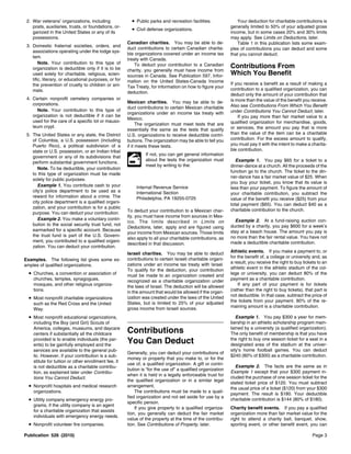 2. War veterans’ organizations, including               • Public parks and recreation facilities.              Your deduction for charitable contributions is
    posts, auxiliaries, trusts, or foundations, or-                                                          generally limited to 50% of your adjusted gross
                                                         • Civil defense organizations.
    ganized in the United States or any of its                                                               income, but in some cases 20% and 30% limits
    possessions.                                                                                             may apply. See Limits on Deductions, later.
                                                       Canadian charities. You may be able to de-               Table 1 in this publication lists some exam-
 3. Domestic fraternal societies, orders, and
                                                       duct contributions to certain Canadian charita-       ples of contributions you can deduct and some
    associations operating under the lodge sys-
                                                       ble organizations covered under an income tax         that you cannot deduct.
    tem.
                                                       treaty with Canada.
        Note. Your contribution to this type of
    organization is deductible only if it is to be
                                                           To deduct your contribution to a Canadian         Contributions From
                                                       charity, you generally must have income from
    used solely for charitable, religious, scien-      sources in Canada. See Publication 597, Infor-        Which You Benefit
    tific, literary, or educational purposes, or for   mation on the United States-Canada Income
    the prevention of cruelty to children or ani-                                                            If you receive a benefit as a result of making a
                                                       Tax Treaty, for information on how to figure your     contribution to a qualified organization, you can
    mals.                                              deduction.                                            deduct only the amount of your contribution that
 4. Certain nonprofit cemetery companies or                                                                  is more than the value of the benefit you receive.
    corporations.                                      Mexican charities. You may be able to de-
                                                       duct contributions to certain Mexican charitable      Also see Contributions From Which You Benefit
      Note. Your contribution to this type of                                                                under Contributions You Cannot Deduct, later.
                                                       organizations under an income tax treaty with
    organization is not deductible if it can be                                                                  If you pay more than fair market value to a
                                                       Mexico.
    used for the care of a specific lot or mauso-                                                            qualified organization for merchandise, goods,
                                                             The organization must meet tests that are
    leum crypt.                                                                                              or services, the amount you pay that is more
                                                       essentially the same as the tests that qualify
 5. The United States or any state, the District       U.S. organizations to receive deductible contri-      than the value of the item can be a charitable
    of Columbia, a U.S. possession (including          butions. The organization may be able to tell you     contribution. For the excess amount to qualify,
    Puerto Rico), a political subdivision of a         if it meets these tests.                              you must pay it with the intent to make a charita-
    state or U.S. possession, or an Indian tribal                                                            ble contribution.
                                                                If not, you can get general information
    government or any of its subdivisions that
                                                                about the tests the organization must           Example 1. You pay $65 for a ticket to a
    perform substantial government functions.
                                                                meet by writing to the:                      dinner-dance at a church. All the proceeds of the
       Note. To be deductible, your contribution
                                                                                                             function go to the church. The ticket to the din-
    to this type of organization must be made
                                                                                                             ner-dance has a fair market value of $25. When
    solely for public purposes.
                                                                                                             you buy your ticket, you know that its value is
       Example 1. You contribute cash to your              Internal Revenue Service                          less than your payment. To figure the amount of
    city’s police department to be used as a               International Section                             your charitable contribution, you subtract the
    reward for information about a crime. The              Philadelphia, PA 19255-0725                       value of the benefit you receive ($25) from your
    city police department is a qualified organi-
                                                                                                             total payment ($65). You can deduct $40 as a
    zation, and your contribution is for a public
                                                       To deduct your contribution to a Mexican char-        charitable contribution to the church.
    purpose. You can deduct your contribution.
                                                       ity, you must have income from sources in Mex-
       Example 2. You make a voluntary contri-                                                                 Example 2. At a fund-raising auction con-
                                                       ico. The limits described in Limits on
    bution to the social security trust fund, not                                                            ducted by a charity, you pay $600 for a week’s
                                                       Deductions, later, apply and are figured using
    earmarked for a specific account. Because                                                                stay at a beach house. The amount you pay is
                                                       your income from Mexican sources. Those limits
    the trust fund is part of the U.S. Govern-                                                               no more than the fair rental value. You have not
                                                       also apply to all your charitable contributions, as
    ment, you contributed to a qualified organi-                                                             made a deductible charitable contribution.
                                                       described in that discussion.
    zation. You can deduct your contribution.
                                                       Israeli charities. You may be able to deduct          Athletic events. If you make a payment to, or
                                                       contributions to certain Israeli charitable organi-   for the benefit of, a college or university and, as
Examples. The following list gives some ex-
                                                       zations under an income tax treaty with Israel.       a result, you receive the right to buy tickets to an
amples of qualified organizations.
                                                       To qualify for the deduction, your contribution       athletic event in the athletic stadium of the col-
  • Churches, a convention or association of           must be made to an organization created and           lege or university, you can deduct 80% of the
    churches, temples, synagogues,                     recognized as a charitable organization under         payment as a charitable contribution.
    mosques, and other religious organiza-             the laws of Israel. The deduction will be allowed         If any part of your payment is for tickets
    tions.                                             in the amount that would be allowed if the organ-     (rather than the right to buy tickets), that part is
                                                                                                             not deductible. In that case, subtract the price of
  • Most nonprofit charitable organizations            ization was created under the laws of the United
                                                                                                             the tickets from your payment. 80% of the re-
    such as the Red Cross and the United               States, but is limited to 25% of your adjusted
                                                       gross income from Israeli sources.                    maining amount is a charitable contribution.
    Way.
  • Most nonprofit educational organizations,                                                                   Example 1. You pay $300 a year for mem-
    including the Boy (and Girl) Scouts of                                                                   bership in an athletic scholarship program main-
    America, colleges, museums, and daycare
    centers if substantially all the childcare         Contributions                                         tained by a university (a qualified organization).
                                                                                                             The only benefit of membership is that you have
    provided is to enable individuals (the par-
    ents) to be gainfully employed and the
                                                       You Can Deduct                                        the right to buy one season ticket for a seat in a
                                                                                                             designated area of the stadium at the univer-
    services are available to the general pub-                                                               sity’s home football games. You can deduct
                                                       Generally, you can deduct your contributions of
    lic. However, if your contribution is a sub-                                                             $240 (80% of $300) as a charitable contribution.
                                                       money or property that you make to, or for the
    stitute for tuition or other enrollment fee, it
                                                       use of, a qualified organization. A gift or contri-
    is not deductible as a charitable contribu-                                                                 Example 2. The facts are the same as in
                                                       bution is “for the use of” a qualified organization
    tion, as explained later under Contribu-                                                                 Example 1 except that your $300 payment in-
                                                       when it is held in a legally enforceable trust for
    tions You Cannot Deduct.                                                                                 cluded the purchase of one season ticket for the
                                                       the qualified organization or in a similar legal
                                                                                                             stated ticket price of $120. You must subtract
  • Nonprofit hospitals and medical research           arrangement.
                                                                                                             the usual price of a ticket ($120) from your $300
    organizations.                                         The contributions must be made to a quali-
                                                                                                             payment. The result is $180. Your deductible
                                                       fied organization and not set aside for use by a
  • Utility company emergency energy pro-              specific person.
                                                                                                             charitable contribution is $144 (80% of $180).
    grams, if the utility company is an agent
                                                           If you give property to a qualified organiza-     Charity benefit events. If you pay a qualified
    for a charitable organization that assists
                                                       tion, you generally can deduct the fair market        organization more than fair market value for the
    individuals with emergency energy needs.
                                                       value of the property at the time of the contribu-    right to attend a charity ball, banquet, show,
  • Nonprofit volunteer fire companies.                tion. See Contributions of Property, later.           sporting event, or other benefit event, you can

Publication 526 (2010)                                                                                                                                   Page 3
 