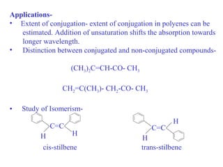 Applications-
• Extent of conjugation- extent of conjugation in polyenes can be
estimated. Addition of unsaturation shifts the absorption towards
longer wavelength.
• Distinction between conjugated and non-conjugated compounds-
(CH3)2C=CH-CO- CH3
CH2=C(CH3)- CH2-CO- CH3
• Study of Isomerism-
C=C
HH
C=C
H
H
cis-stilbene trans-stilbene
 