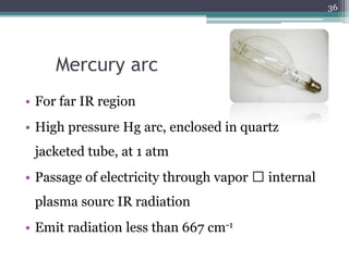Mercury arc
• For far IR region
• High pressure Hg arc, enclosed in quartz
jacketed tube, at 1 atm
• Passage of electricity through vapor 🡪 internal
plasma sourc IR radiation
• Emit radiation less than 667 cm-1
36
 