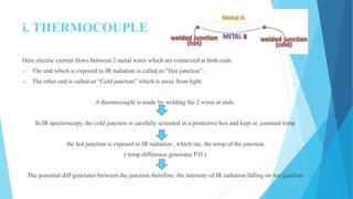 i. THERMOCOUPLE
Here electric current flows between 2 metal wires which are connected at both ends.
 The end which is exposed to IR radiation is called as “Hot junction”.
 The other end is called as “Cold junction” which is away from light.
A thermocouple is made by welding the 2 wires at ends.
In IR spectroscopy, the cold junction is carefully screened in a protective box and kept at constant temp
the hot junction is exposed to IR radiation , which inc. the temp of the junction.
( temp difference generates P.D.)
The potential diff generates between the junction therefore, the intensity of IR radiation falling on hot junction
 