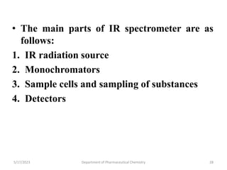 • The main parts of IR spectrometer are as
follows:
1. IR radiation source
2. Monochromators
3. Sample cells and sampling of substances
4. Detectors
5/17/2023 Department of Pharmaceutical Chemistry 28
 