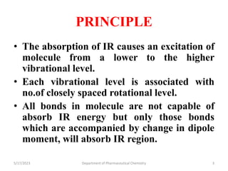 PRINCIPLE
• The absorption of IR causes an excitation of
molecule from a lower to the higher
vibrational level.
• Each vibrational level is associated with
no.of closely spaced rotational level.
• All bonds in molecule are not capable of
absorb IR energy but only those bonds
which are accompanied by change in dipole
moment, will absorb IR region.
5/17/2023 Department of Pharmaceutical Chemistry 3
 
