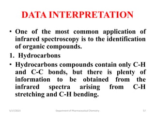 DATA INTERPRETATION
• One of the most common application of
infrared spectroscopy is to the identification
of organic compounds.
1. Hydrocarbons
• Hydrocarbons compounds contain only C-H
and C-C bonds, but there is plenty of
information to be obtained from the
infrared spectra arising from C-H
stretching and C-H bending.
5/17/2023 Department of Pharmaceutical Chemistry 57
 