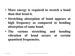 • More energy is required to stretch a bond
than that bend it.
• Stretching absorption of bond appears at
high frequency as compared to bending
absorption of same bond.
• The various stretching and bending
vibration of bond occurs at certain
quantised frequencies.
5/17/2023 Department of Pharmaceutical Chemistry 8
 