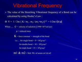 Vibrational Frequency
 The value of the Stretching Vibrational frequency of a Bond can be
calculated by using Hooke’s Law :
 V = 1 / 2πc [ K / m1 . m2 / (m1+m2) ]1/2 = 1/2πc√[k/μ]
Where …. c = velocity of radiation (2.998×1010cm/sec)
μ = reduced mass
K = force constant = strength of the bond
i.e.… for single bond = 5 × 105g/sec2
for double bond = 10 × 105g/sec2
for triple bond = 15 × 105g/sec2
m1 & m2 = Mol. Wt. of atoms m1 & m2
14
 
