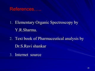 References…..
1. Elementary Organic Spectroscopy by
Y.R.Sharma.
2. Text book of Pharmaceutical analysis by
Dr.S.Ravi shankar
3. Internet source
28
 