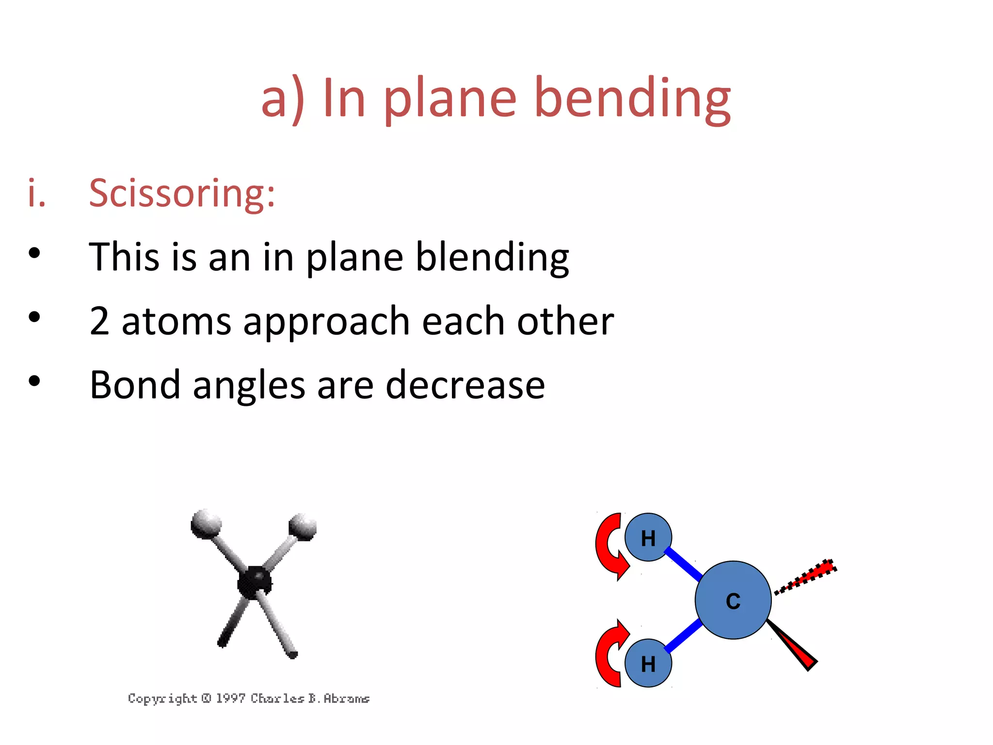 a) In plane bending
i. Scissoring:
• This is an in plane blending
• 2 atoms approach each other
• Bond angles are decrease
H
H
CC
 