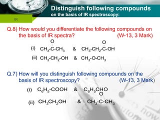 Company name
Distinguish following compounds
on the basis of IR spectroscopy:
IR
Q.8) How would you differentiate the following compounds on
the basis of IR spectra? (W-13, 3 Mark)
Q.7) How will you distinguish following compounds on the
basis of IR spectroscopy? (W-13, 3 Mark)
(i) CH3-C-CH3 & CH3-CH2-C-OH
(ii) CH3
-CH2
-OH & CH3
-O-CH3
O O
(i) C6
H5
-COOH & C6
H5
CHO
(ii) CH3
CH2
OH & CH3
-C-CH3
O
 