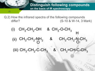 Company name
Distinguish following compounds
on the basis of IR spectroscopy:
IR
Q.2) How the infrared spectra of the following compounds
differ? (S-10 & W-14, 3 Mark)
(i) CH3-CH2-OH & CH3-O-CH3
(ii) CH3-CH2-NH2 & CH3-CH2-N-CH3
H
(iii) CH3-CH2-C-CH3 & CH2=CH-C-CH3
O O
 