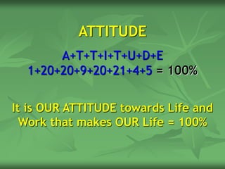 ATTITUDE
A+T+T+I+T+U+D+E
1+20+20+9+20+21+4+5 = 100%
It is OUR ATTITUDE towards Life and
Work that makes OUR Life = 100%
 
