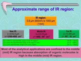 IR region:
0.8 µm (800nm) to 1000 µm
(1mm)
Near IR:
λ=0.8-2.5 µm
ʋ=12500-4000 cm-1
Middle IR:
λ=2.5-15 µm
ʋ= 4000 - 667 cm-1
Far IR:
λ=15-200 µm
ʋ= 667 - 50 cm-1
Most of the analytical applications are confined to the middle
(mid) IR region because absorption of organic molecules is
high in the middle (mid) IR region.
Approximate range of IR region:
Q.1) What is approximate range of mid IR region? (W-09, 1 Mark)
Q.2) Give the approximate range of IR region in cm-1. (S-10, 1 Mark)
Q.3) Give approximate range of IR (mid) region. (W-12, 1 Mark)
 