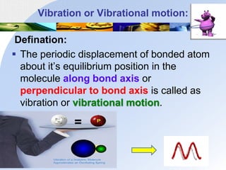 Vibration or Vibrational motion:
Defination:
 The periodic displacement of bonded atom
about it’s equilibrium position in the
molecule along bond axis or
perpendicular to bond axis is called as
vibration or vibrational motion.
=
 