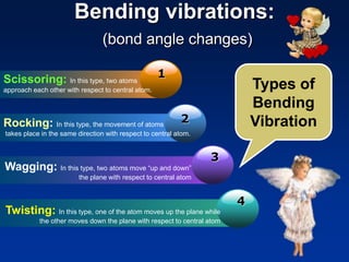 Bending vibrations:
(bond angle changes)
1Scissoring: In this type, two atoms
approach each other with respect to central atom.
2Rocking: In this type, the movement of atoms
takes place in the same direction with respect to central atom.
3
Wagging: In this type, two atoms move “up and down”
the plane with respect to central atom
4
Twisting: In this type, one of the atom moves up the plane while
the other moves down the plane with respect to central atom
Types of
Bending
Vibration
 