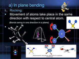 a) In plane bending
ii. Rocking:
 Movement of atoms take place in the same
direction with respect to central atom.
(Bonds swing in one direction in a plane)
 .
H
H
CC
 