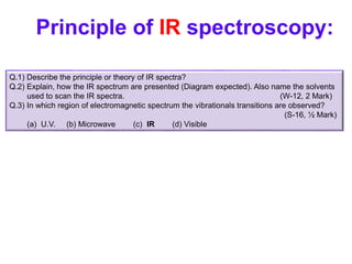 Principle of IR spectroscopy:
Q.1) Describe the principle or theory of IR spectra?
Q.2) Explain, how the IR spectrum are presented (Diagram expected). Also name the solvents
used to scan the IR spectra. (W-12, 2 Mark)
Q.3) In which region of electromagnetic spectrum the vibrationals transitions are observed?
(S-16, ½ Mark)
(a) U.V. (b) Microwave (c) IR (d) Visible
 