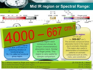 Company name
Mid IR region or Spectral Range:
1
Functional group region:
( 2.5 to 7.7 µm
i.e.,4000-1300 cm-1)
The common functional
group show IR absorption
band in this region due to
O-H, N-H, C=O and C-H
stretching vibration of
functional group.
So, it is called as functional
group region.
2
Finger print region:
(7.7-11 µm
i.e.,1300 to 909 cm-1)
In this region each
compound shows its
unique (characteristics)
absorption band. Similar
to finger prints. This
region is very useful for
sample comparison.
3
Aromatic region:
(11-15 µm
i.e, 909-667 cm-1)
The aromatic compound show
absorption band in this region
due to aromatic character.
This region also useful in
determination of substitution
patterns on aromatic
compounds such as ortho,
meta, para substitution.
IR
Q.1) What is meant by finger print region in IR spectroscopy? (S-15 & W-16, 1 Mark)
Q.2) Define the term: Finger print region. (S-18, 2 Mark)
Q.3) Give the range of fingerprint region in IR Spectroscopy. (W-18, 1 Mark)
 