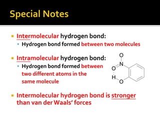  Intermolecular hydrogen bond:
 Hydrogen bond formed between two molecules
 Intramolecular hydrogen bond:
 Hydrogen bond formed between
two different atoms in the
same molecule
 Intermolecular hydrogen bond is stronger
than van der Waals’ forces
N
O
O
O
H
 
