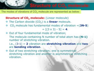 Company name
Structure of CO2 molecule:
The modes of vibrations of CO2 molecule are represented as below:
Structure of CO2 molecule: (Linear molecule)
 The Carbon dioxide (CO2) is a linear molecule.
 CO2 molecule has fundamental modes of vibration =(3N-5)
= [(3 x 3) - 5] = 4.
 Out of four fundamental mode of vibration;
The molecule containing N number of total atom has (N-1)
number of stretching vibration.
i.e., (3-1) = 2 vibration are stretching vibration and two
are bending vibration.
 Out of two stretching vibration; one is symmetrical
stretching vibration and another is asymmetrical stretching
vibration.
 