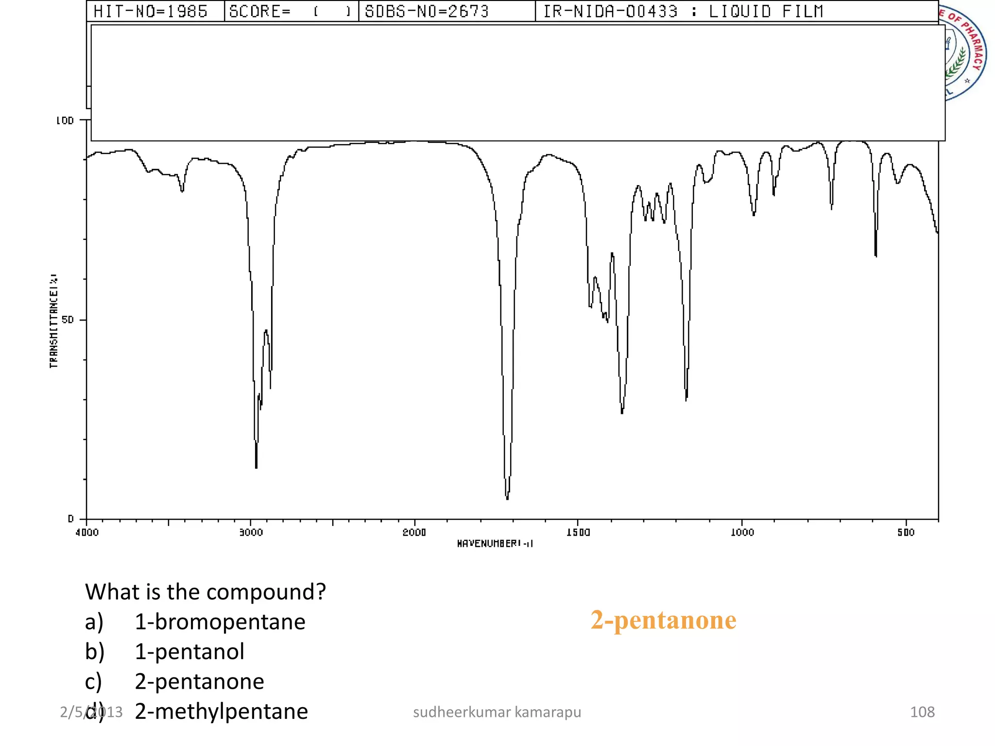 What is the compound?
   a) 1-bromopentane                               2-pentanone
   b) 1-pentanol
   c) 2-pentanone
2/5/2013 2-methylpentane
   d)                      sudheerkumar kamarapu                 108
 