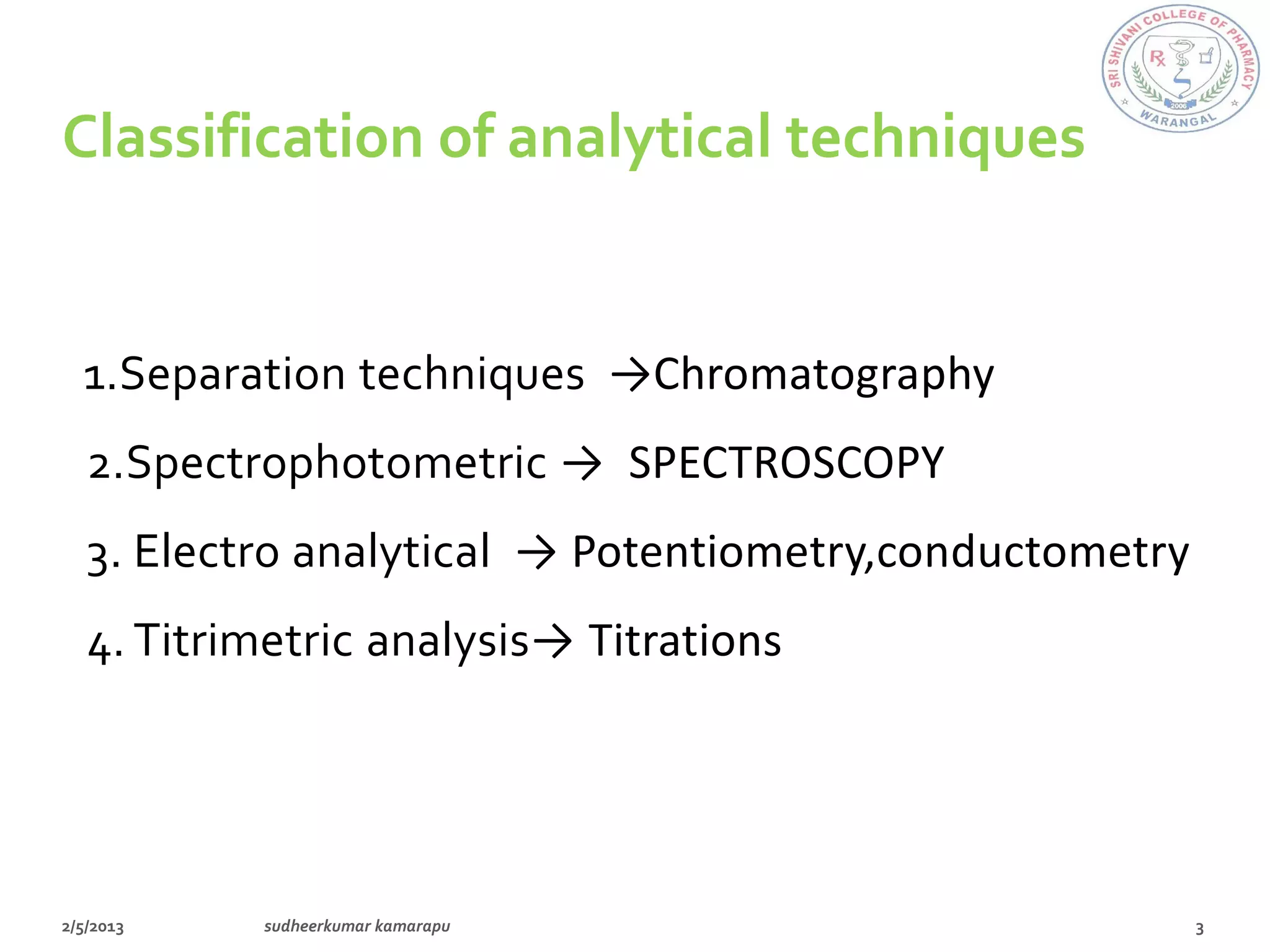 Classification of analytical techniques


1.Separation techniques →Chromatography
2.Spectrophotometric → SPECTROSCOPY
3. Electro analytical → Potentiometry,conductometry
4. Titrimetric analysis→ Titrations
 