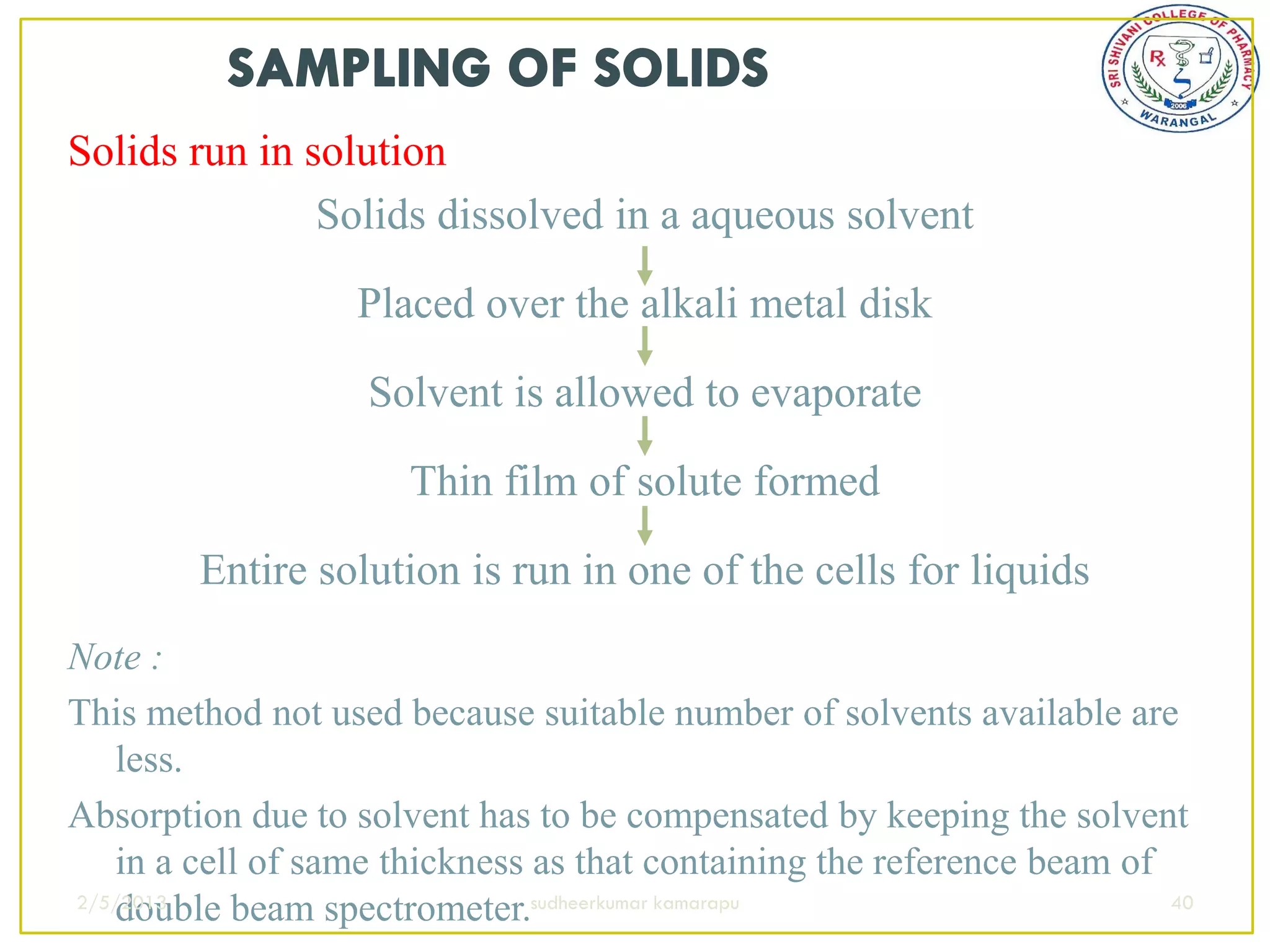 Solids run in solution
               Solids dissolved in a aqueous solvent

                   Placed over the alkali metal disk

                   Solvent is allowed to evaporate

                      Thin film of solute formed

        Entire solution is run in one of the cells for liquids
Note :
This method not used because suitable number of solvents available are
   less.
Absorption due to solvent has to be compensated by keeping the solvent
   in a cell of same thickness as that containing the reference beam of
2/5/2013
   double beam spectrometer.sudheerkumar kamarapu                       40
 