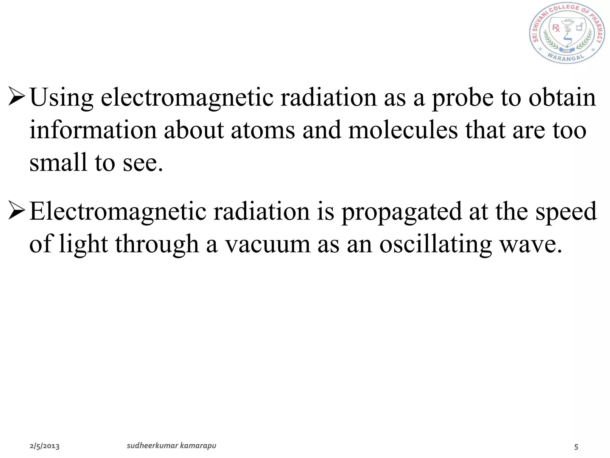 Using electromagnetic radiation as a probe to obtain
 information about atoms and molecules that are too
 small to see.
Electromagnetic radiation is propagated at the speed
 of light through a vacuum as an oscillating wave.
 