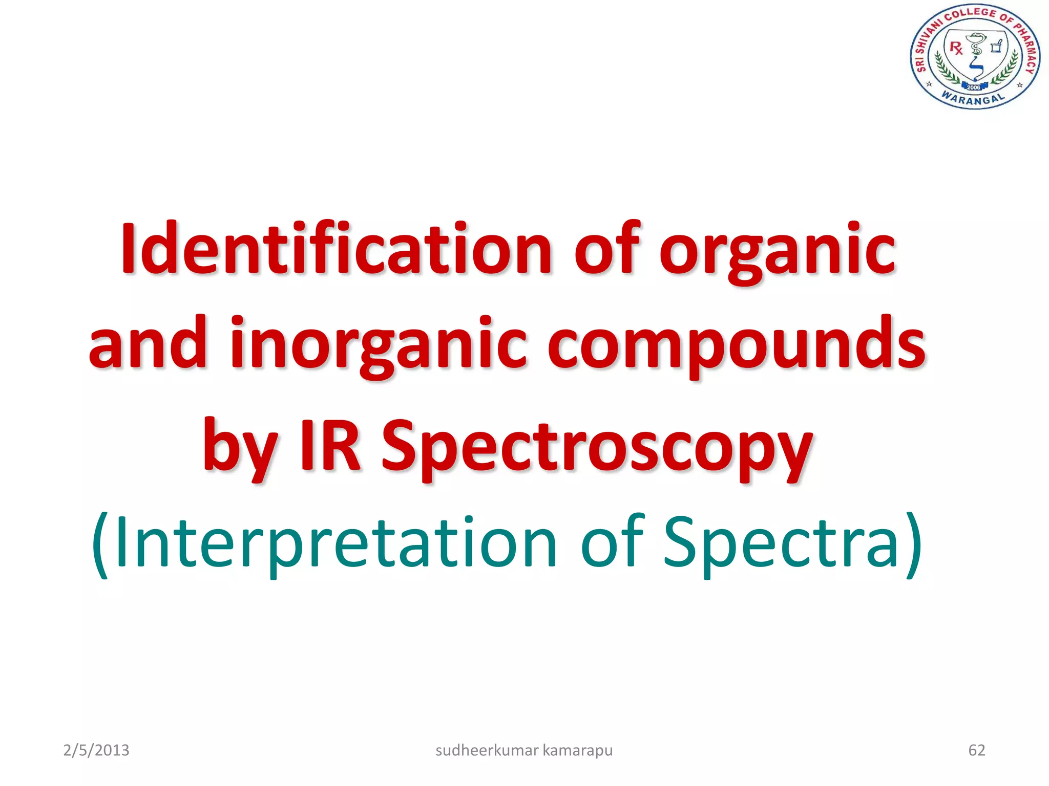 Identification of organic
  and inorganic compounds
      by IR Spectroscopy
  (Interpretation of Spectra)

2/5/2013     sudheerkumar kamarapu   62
 