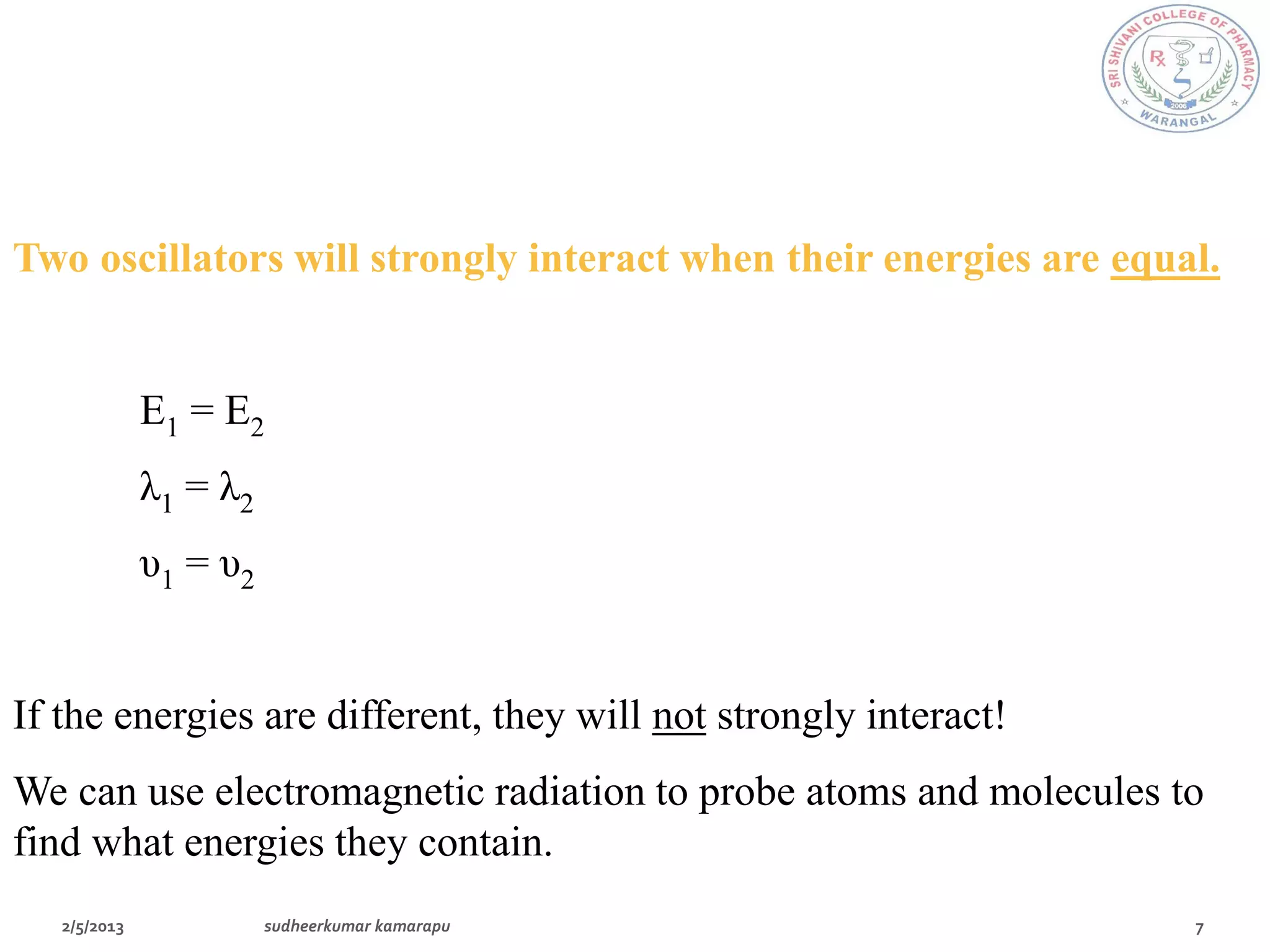 Two oscillators will strongly interact when their energies are equal.


        E1 = E2
        λ1 = λ2
        υ1 = υ2


If the energies are different, they will not strongly interact!
We can use electromagnetic radiation to probe atoms and molecules to
find what energies they contain.
 