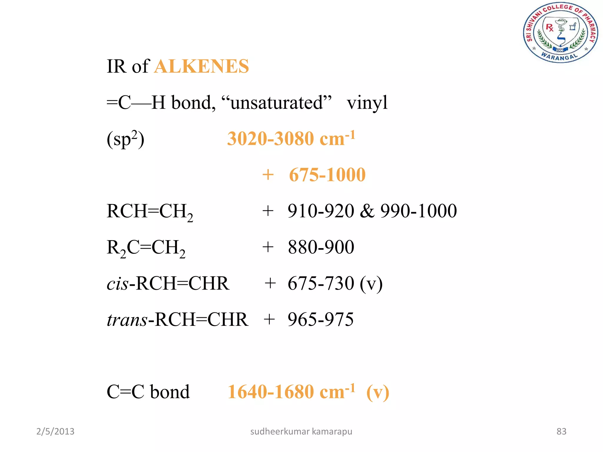 IR of ALKENES
           =C—H bond, ―unsaturated‖ vinyl
           (sp2)       3020-3080 cm-1
                             + 675-1000
           RCH=CH2           + 910-920 & 990-1000
           R2C=CH2           + 880-900
           cis-RCH=CHR       + 675-730 (v)
           trans-RCH=CHR + 965-975


           C=C bond    1640-1680 cm-1 (v)
2/5/2013                   sudheerkumar kamarapu    83
 