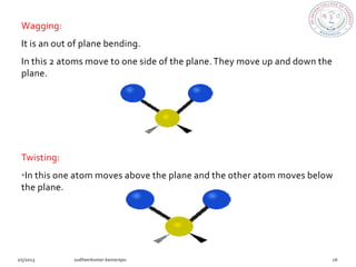 Wagging:
It is an out of plane bending.
In this 2 atoms move to one side of the plane. They move up and down the
plane.




Twisting:
•In this one atom moves above the plane and the other atom moves below
the plane.
 