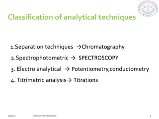 Classification of analytical techniques


1.Separation techniques →Chromatography
2.Spectrophotometric → SPECTROSCOPY
3. Electro analytical → Potentiometry,conductometry
4. Titrimetric analysis→ Titrations
 