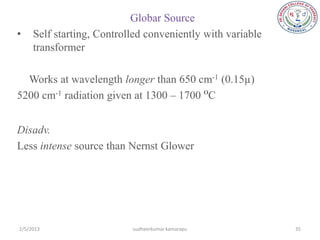 Globar Source
•    Self starting, Controlled conveniently with variable
     transformer

  Works at wavelength longer than 650 cm-1 (0.15µ)
5200 cm-1 radiation given at 1300 – 1700 OC


Disadv.
Less intense source than Nernst Glower




2/5/2013                   sudheerkumar kamarapu            35
 