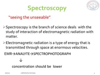 Spectroscopy
   “seeing the unseeable”.

Spectroscopy is the branch of science deals with the
 study of interaction of electromagnetic radiation with
 matter.
Electromagnetic radiation is a type of energy that is
 transmitted through space at enormous velocities.
 EMR→ANALYTE→SPECTROPHOTOGRAPH
          ↓
     concentration should be lower
 
