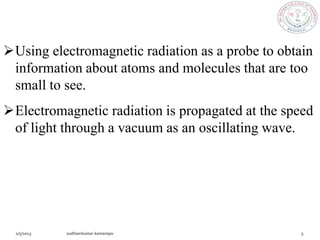 Using electromagnetic radiation as a probe to obtain
 information about atoms and molecules that are too
 small to see.
Electromagnetic radiation is propagated at the speed
 of light through a vacuum as an oscillating wave.
 