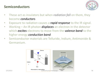 Semiconductors

•      These act as insulators but when radiation fall on them, they
       become conductors.
•      Exposure to radiation causes a rapid response to the IR signal.
•      Working – An IR photon displaces an electron in the detector
       which excites electrons to move from the valence band to the
       higher energy conduction band.
•      Semiconductor materials are Telluride, Indium, Antimonide &
       Germanium.




    2/5/2013                   sudheerkumar kamarapu                 58
 