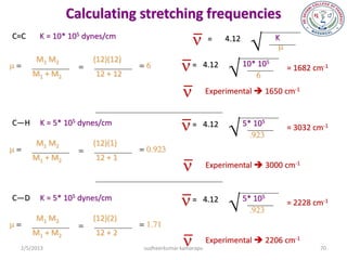 Calculating stretching frequencies
C=C      K = 10* 105 dynes/cm
                                                   n =            4.12
                                                                                   K
                                                                                     m

                                                 n= 4.12
        M1 M2           (12)(12)
m=
       M1 + M2
                   =
                        12 + 12
                                   =6
                                                                         10* 105
                                                                             6
                                                                                          = 1682 cm-1


                                                 n         Experimental  1650 cm-1


C—H      K = 5* 105 dynes/cm
                                                 n=        4.12
                                                                         5* 105
                                                                            .923
                                                                                          = 3032 cm-1
        M1 M2           (12)(1)
m=               =              =0.923

                                                 n
       M1 + M2          12 + 1
                                                            Experimental  3000 cm-1


C—D      K = 5* 105 dynes/cm
                                                 n=        4.12
                                                                         5* 105
                                                                            .923
                                                                                          = 2228 cm-1
        M1 M2           (12)(2)
m=               =              =1.71

                                                 n
       M1 + M2          12 + 2
                                                            Experimental  2206 cm-1
   2/5/2013                         sudheerkumar kamarapu                                         70
 