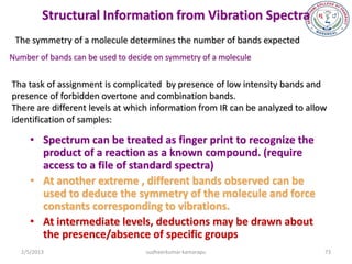 Structural Information from Vibration Spectra
 The symmetry of a molecule determines the number of bands expected
Number of bands can be used to decide on symmetry of a molecule


Tha task of assignment is complicated by presence of low intensity bands and
presence of forbidden overtone and combination bands.
There are different levels at which information from IR can be analyzed to allow
identification of samples:

      • Spectrum can be treated as finger print to recognize the
        product of a reaction as a known compound. (require
        access to a file of standard spectra)
      • At another extreme , different bands observed can be
        used to deduce the symmetry of the molecule and force
        constants corresponding to vibrations.
      • At intermediate levels, deductions may be drawn about
        the presence/absence of specific groups
   2/5/2013                        sudheerkumar kamarapu                       73
 