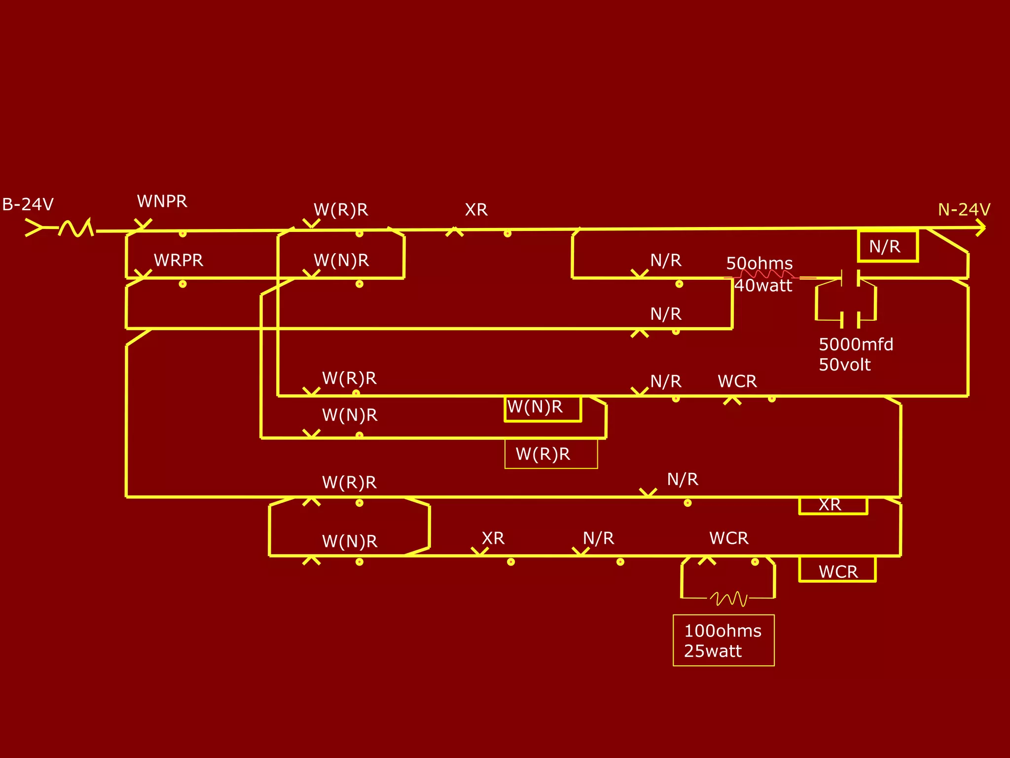 N/R
W(R)R
W(N)R
WNPR
WRPR
XR
N/R
N/R
50ohms
40watt
5000mfd
50volt
B-24V
W(N)R
W(N)R
W(R)R
W(R)R N/R WCR
W(R)R
W(N)R
N/R
XR
XR
WCR
N/R WCR
100ohms
25watt
N-24V
 