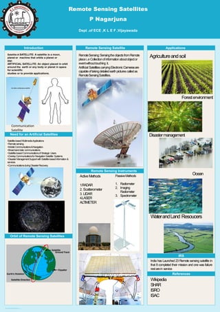Poster template by ResearchPosters.co.za
Remote Sensing Satellites
P Nagarjuna
Dept .of ECE ,K L E F ,Vijayawada
Introduction
Satellite:A SATELLITE: A satellite is a moon,
planet or machine that orbits a planet or
star.
ARTIFICIAL SATELLITE: An object placed in orbit
around the earth or any body or planet in space
for scientific
studies or to provide applications.
Need for an Artificial Satellites
A
B
Orbit of Remote Sensing Satellites
Remote Sensing Satellite
RemoteSensing:SensingtheobjectsfromRemote
placei..eCollectionofinformationaboutobjector
eventwithouttouching it.
Artificial SatellitescarryingElectronicCamerasare
capableoftakingdetailedearthpicturescalledas
RemoteSensingSatellites.
Remote Sensing Instruments
Applications
Agricultureandsoil
Satellite-basedMultimediaApplications.
•Remotesensing.
•MobileCommunications&Navigation.
•Broadbanddata communications.
•Satellite-basedCommunicationsofStrategic Users.
•OverlayCommunicationsforNavigationSatellite Systems.
•DisasterManagementSupportwithSatellite-basedinformation &
services.
•CommunicationsduringDisasterRecovery.
Figure6
Figure7
ActiveMethods
1.RADAR
2. Scatterometer
3. LIDAR
4.LASER
ALTIMETER
PassiveMethods
1. Radiometer
2. Imaging
Radiometer
3. Spectrometer
Forestenvironment
Disastermanagement
Ocean
WaterandLand Resoucers
IRS
India has Launched 23 Remote sensing satellite in
that 8 completed their mission and one was failure
restarein service
References
Wikipedia
SHAR
ISRO
ISAC
Communication
Satellite
 