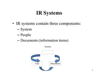 IR Systems
• IR systems contain three components:
– System
– People
– Documents (information items)
System
User Documents
4
 