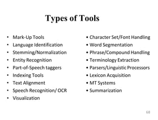 Types of Tools
• Character Set/Font Handling
• Word Segmentation
• Phrase/Compound Handling
• Terminology Extraction
• Parsers/LinguisticProcessors
• Lexicon Acquisition
• MT Systems
• Summarization
• Mark-Up Tools
• Language Identification
• Stemming/Normalization
• Entity Recognition
• Part-of-Speech taggers
• Indexing Tools
• Text Alignment
• Speech Recognition/ OCR
• Visualization
68
 